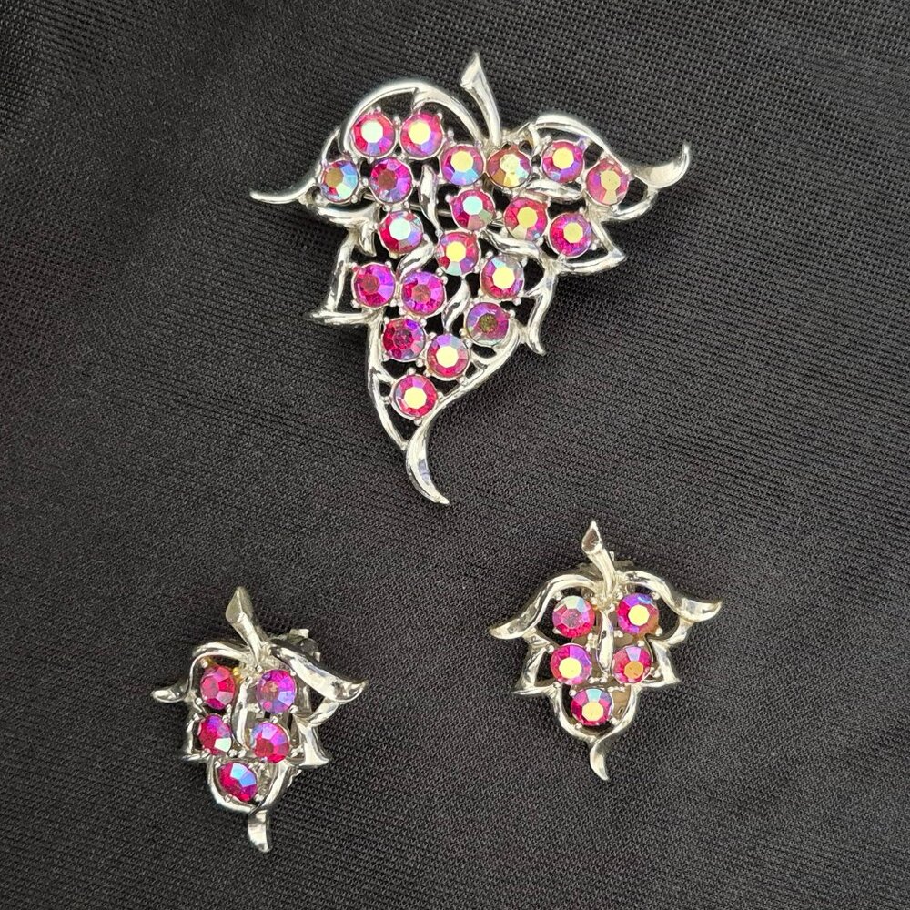 Vintage Sarah Coventry Aurora Borealis Brooch Earrings Set, Rhinestones, 1960's